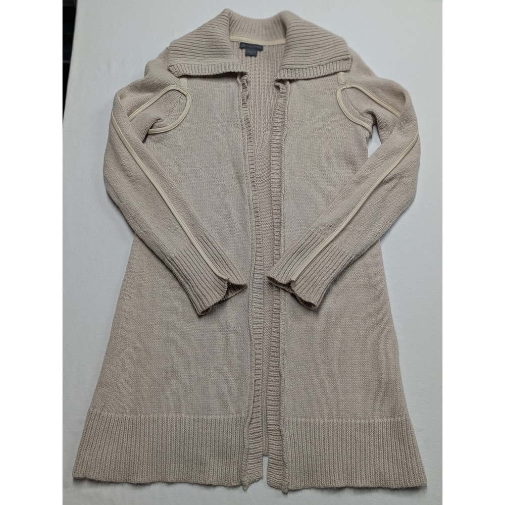 Armani Exchange Beige Wool Alpaca Blend Leather Trim Long Cardigan Sweater S